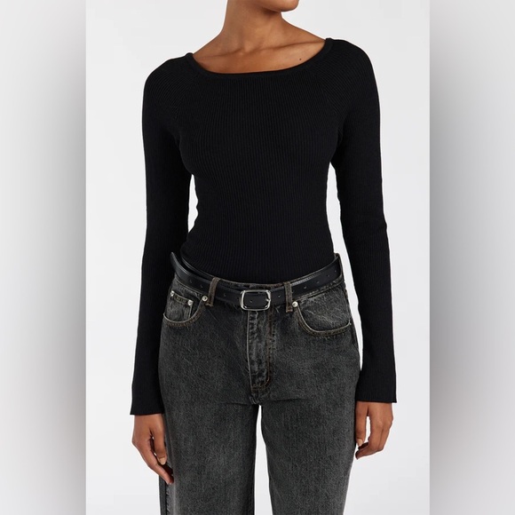 DISSH Wells Wide U Shaped Long Sleeve Ribbed Knit Top Sweater in Black - Picture 11 of 11